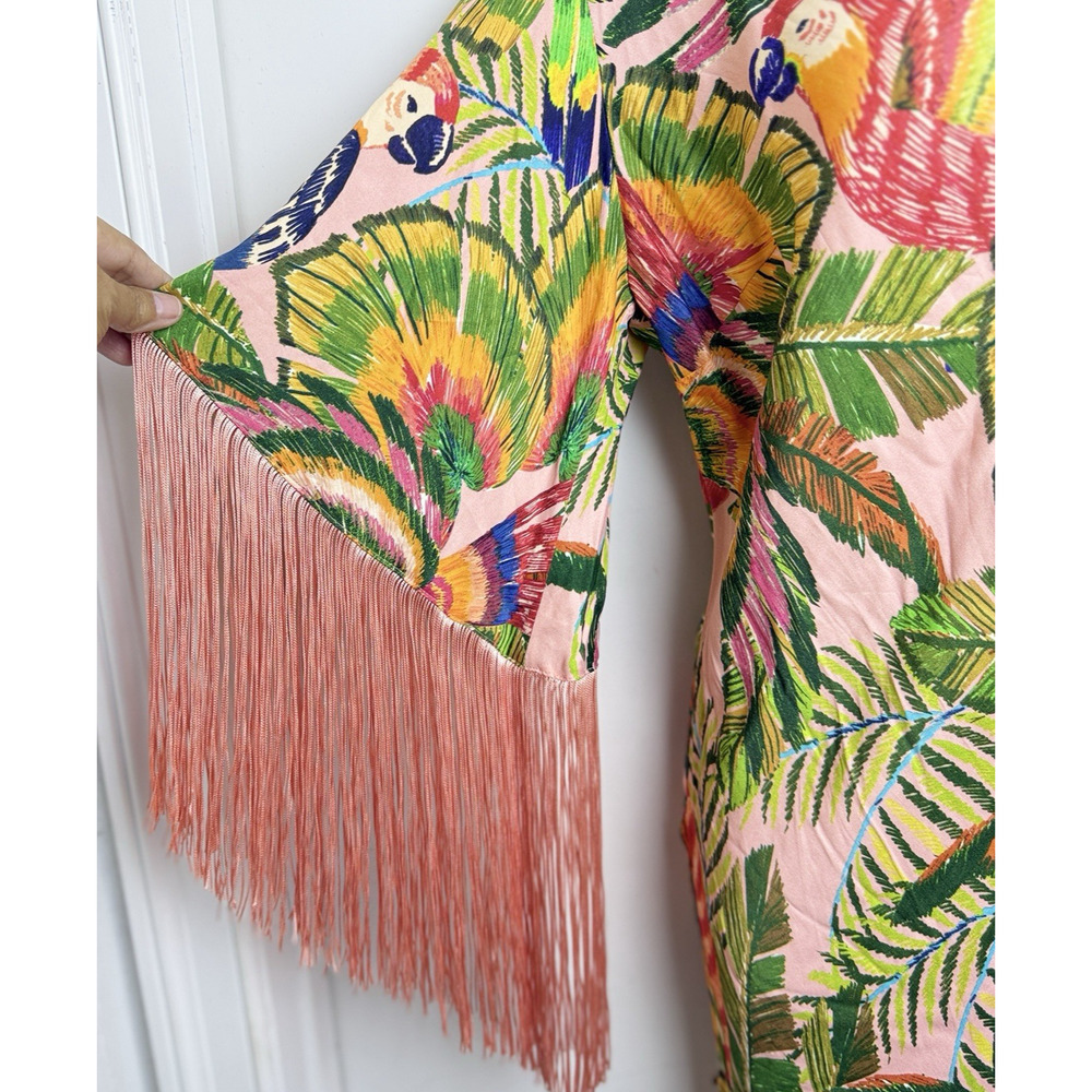 FARM Rio One-Shoulder Pink Tropical Parrot Fringe Midi Dress S Vacation Cruise - Picture 6 of 12